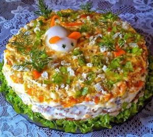 Печеночный торт из куриной печени с грибами и морковью